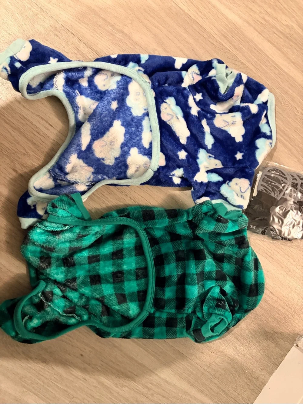 Blue Cloud Fleece Pet Onesie & Green Plaid Pet Jumpsuit, fit 20lb dog & booties